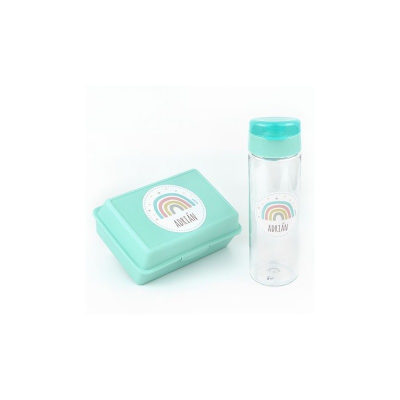 Pack Botella 600ml + Cajita Porta Alimentos Arcoíris Soft Menta personalizadas