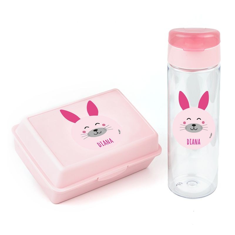 Pack Botella 600ml + Cajita Porta Alimentos Conejito Rosa personalizadas