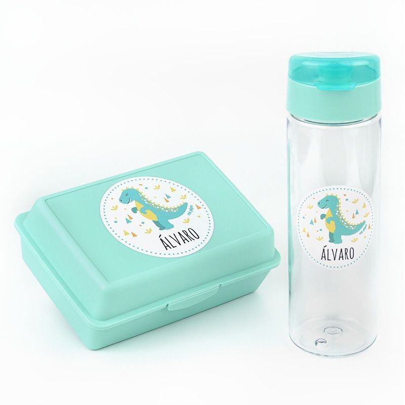 Pack Botella 600ml + Cajita Porta Alimentos Dinosaurio Menta personalizadas