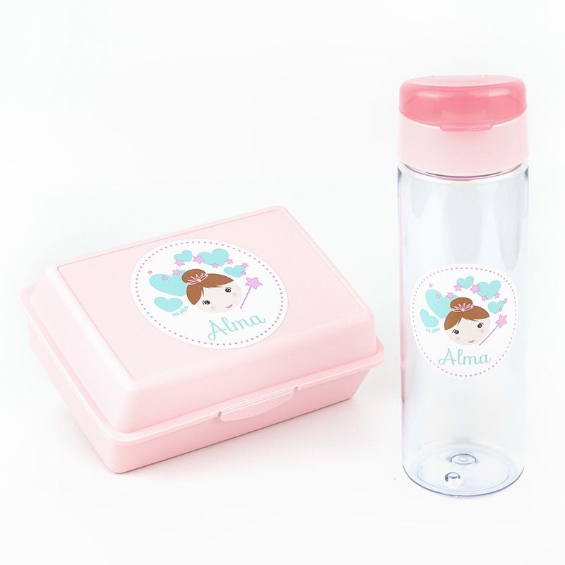 Pack Botella 600ml + Cajita Porta Alimentos Hada Rosa personalizadas