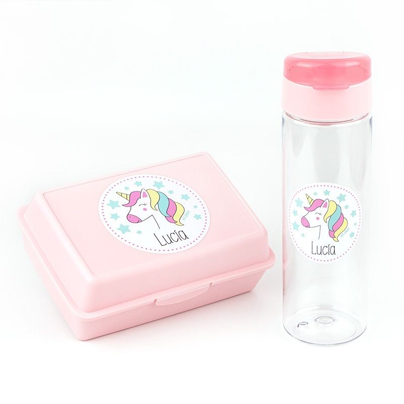 Pack Botella 600ml + Cajita Porta Alimentos Unicornio Rosa personalizadas