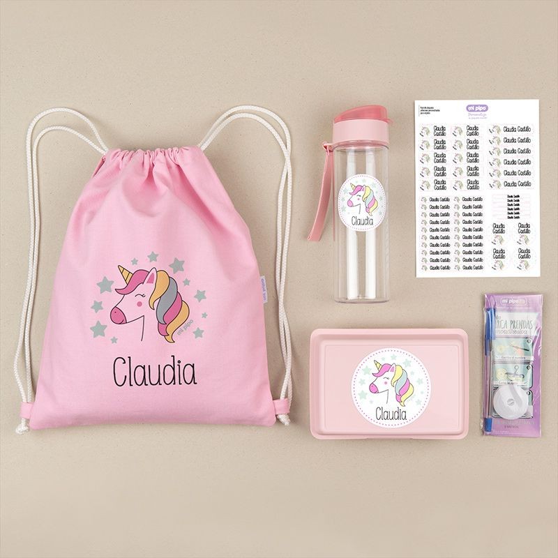 Pack Mi Equipo para el Cole con Petate Unicornio personalizado + Regalo Marcaprendas
