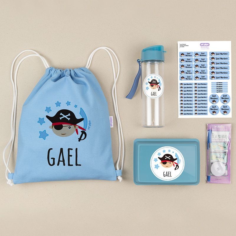Pack Mi Equipo para el Cole con Petate Pirata personalizado + Regalo Marcaprendas